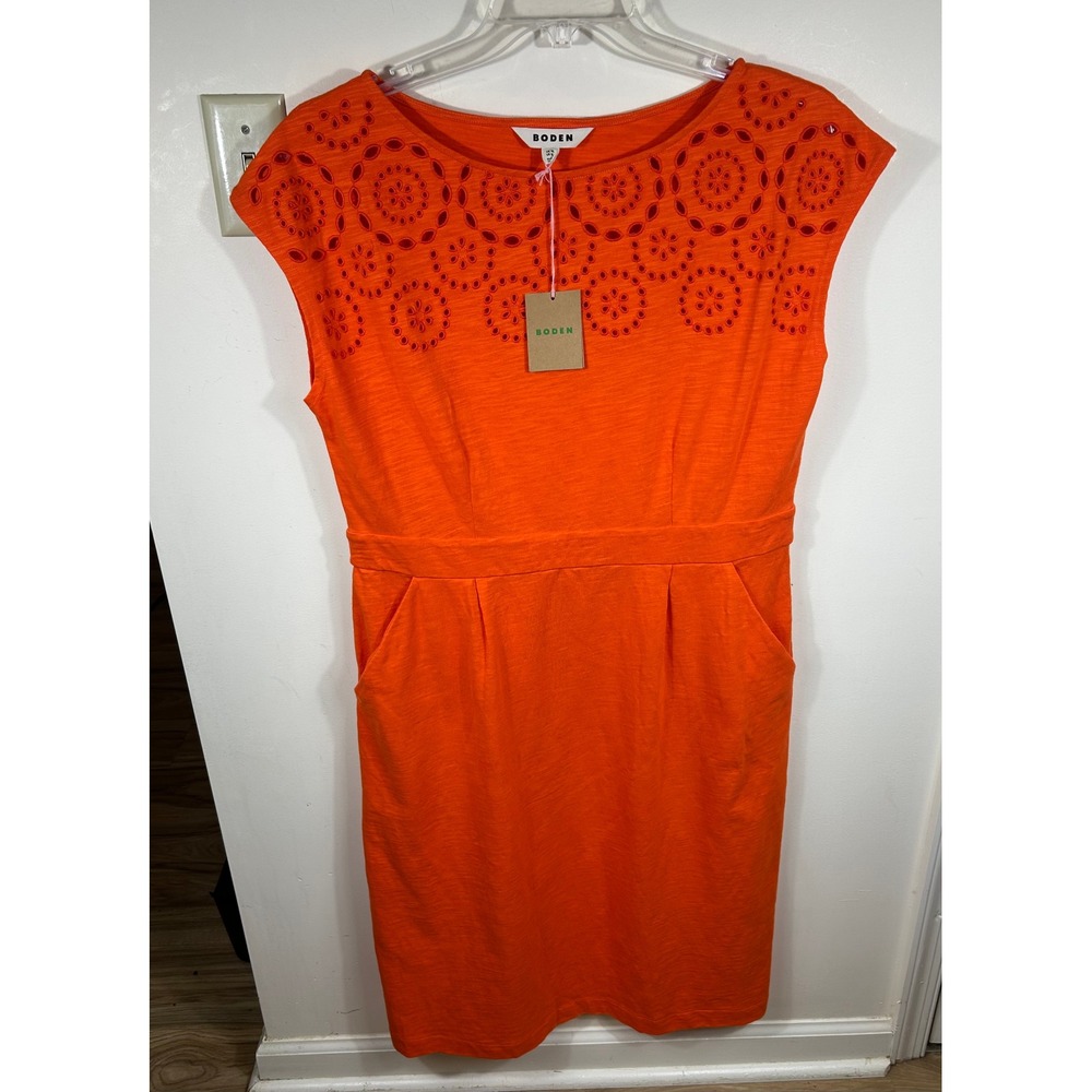 Boden Jersey Dress Sz 14L Tall Orange Florrie Broderie Cap Sleeve Eyelet NEW